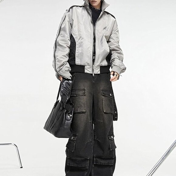 Unisex Black Baggy Cargo Pants - Trendy Wide Leg Streetwear for All Seasons - Picture 2 of 5